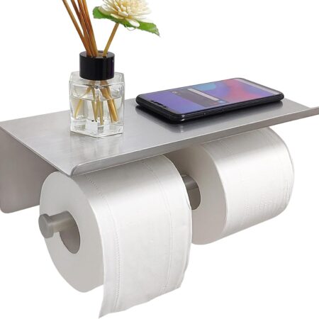 Large Double Toilet Paper Holder with Shelf,  Dual Toilet Paper Rolls Holder Wall Mounted, Bathroom Mobile Phone Storage Rack, Tissue TP Dispenser,  Stainless Steel Brushed Nickel