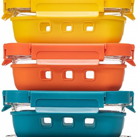Glass Food storage container with Glass lids Glass Bento Box Set Lunch box Eco Friendly Meal Prep Containers Airtight – Plastic Free, silicon sleeve BPA Free 4.4cup/ 5 * 1050ml