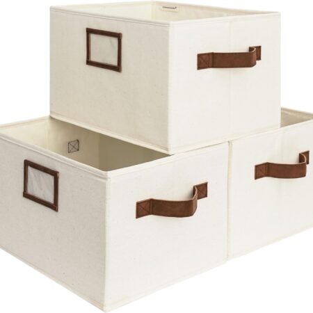 Storage Baskets for Shelves, Foldable Fabric Closet Storage Bins with PU Handles, Fabric Storage Bins Clothes Organizer, Ivory White, 3-Pack, Large
