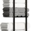 Towel Racks for Bathroom, 3 Tier Metal Towel Holder, with Shelf & 6 Hooks, 29 inch Wall Mounted Towel Storage, 6 Large Bath Towels Capacity,Small Bathroom Towel Rack for Rolled Towels, Black