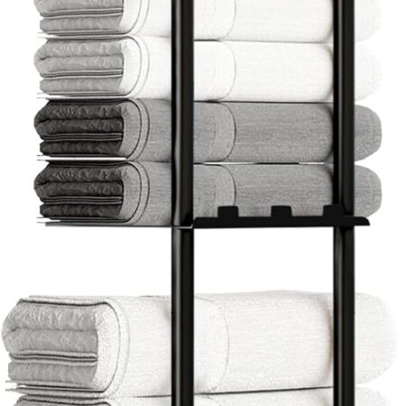 Towel Racks for Bathroom, 3 Tier Metal Towel Holder, with Shelf & 6 Hooks, 29 inch Wall Mounted Towel Storage, 6 Large Bath Towels Capacity,Small Bathroom Towel Rack for Rolled Towels, Black