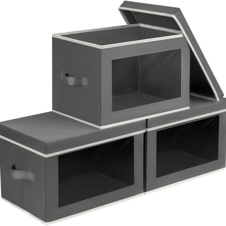 Storage Bins with Lids - Fabric Storage Boxes with Lids, Collapsible Storage Bins with Window, Decorative Closet Organizers and Storage for Clothes, Towels, Books, 3 Pack, Dark Grey
