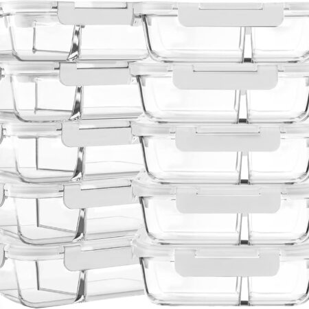 [10-Pack,30 Oz Glass Meal Prep Containers 2 Compartments Airtight Lunch Bento Boxes with Lids, Glass Food Storage Containers, Microwave, Oven, Freezer and Dishwasher, White