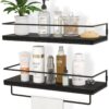 Floating Shelves for Wall Set of 2, Wall Mounted Storage Shelves with Black Metal Frame and Towel Rack for Bathroom, Bedroom, Living Room, Kitchen, Office (Black)