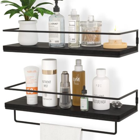 Floating Shelves for Wall Set of 2, Wall Mounted Storage Shelves with Black Metal Frame and Towel Rack for Bathroom, Bedroom, Living Room, Kitchen, Office (Black)