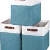 Large Fabric Storage Baskets | 50L Storage Bins, Decorative Linen Closet Baskets with Handles for Organizing, Shelf, Toys, Clothes, Home, Office, Nursery, 17x12x15Inches (Teal&White)