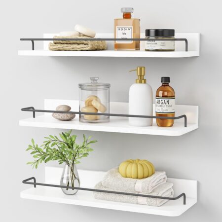 White Floating Shelves Bathroom Shelves Over Toilet Set of 3, Bathroom Organizers and Storage Shelves Wall Mounted, Modern Wood Corner Wall Shelf for Bedroom Closet -White and Dark Grey