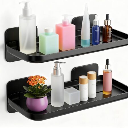 2pc Wall Mounted Floating Shelf, Small Storage Rack with Edge Design, No Drill Shelves for Wall, Floating Shelves Damage-Free Expand Walls Space for Living Room Kitchen Bathroom (Black)