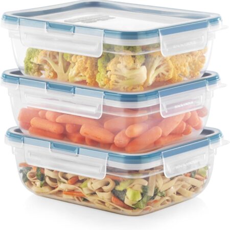 3-Pack (8.5-Cup) Plastic Food Storage Containers Set, Leakproof & Airtight Locking Lids Rectangular Tupperware, Non-Toxic BPA-Free Lids, Microwave Dishwasher Freezer Safe