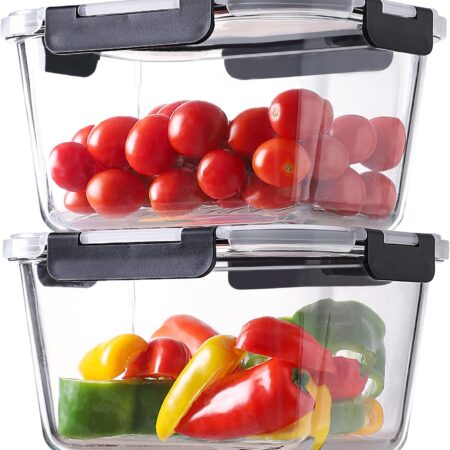 4 Pieces 63oz/8cup Large Glass Food Storage Containers with Lids, Meal Prep Containers, Airtight Bento Boxes with Leak Proof Locking (2 Containers + 2 Lids) - Microwave, Oven Safe
