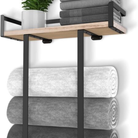 Towel Racks for Bathroom Wall Mounted, Metal Towel Holder with Wooden Shelf for Folding Large Towels, Towel Storage for Small Bathroom Organizer Decor or RV Camping