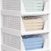 5 Pack Stackable Closet Storage Basket - Stackable Storage Bins, Multifunctional & Foldable Closet Organizer, Wardrobe Cupboard Space-Saving Hat Storage Drawer Organizer, White