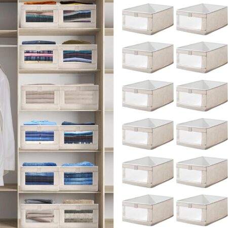 12 Pack Linen Organizers and Storage, Closet Storage Bins Linen Closet Baskets for Organization Foldable Organizer Bins with Clear Window for Organizing Clothing, Beige