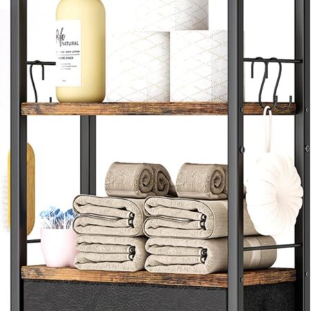 Bathroom Storage Organizer Wall Mounted, 3 Tier Bathroom Towel Rack Shelf with Storage Drawer Double Towel Bars and Hooks, Industrial Bathroom Shelves Over Toilet, Rustic Black and Brown (A)
