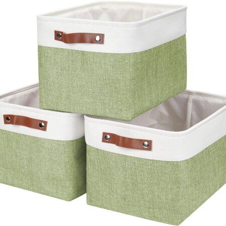 Storage Bins Large Fabric Storage Baskets for Shelves 3 Pack, Decorative Linen Closet Baskets with Handles for Organizing, Shelf, Clothes, Home, Office, 15x11x9.5Inches (Green&White)