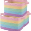 Storage Basket, Woven Baskets for Storage, Cotton Rope Basket for toys,Towel Baskets for Bathroom - Pack of 3, Rainbow Pastel
