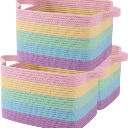 Storage Basket, Woven Baskets for Storage, Cotton Rope Basket for toys,Towel Baskets for Bathroom - Pack of 3, Rainbow Pastel