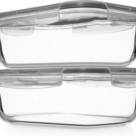 8 Cups/ 63 Oz 4 Piece (2 containers + 2 Lids) Large Glass Food Storage/ Baking Containers with Locking Lids . Ideal for Storing food, vegetables or fruits. BPA Free & Leak Proof -Microwave, Oven Safe