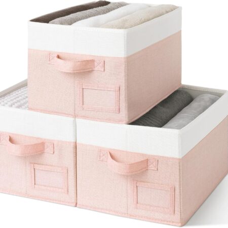 Storage Baskets for Organizing, Fabric Storage Bins for Shelves, Closet Storage Boxs, Clothing Storage and Organization, Decorative Storage Bins, Pink&Ivory, Large, 3-Pack