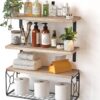 Bathroom Shelves Over Toilet with Storage Basket, Floating Shelves Wall Shelves for Home Organization & Wall Decor, Bathroom/Kitchen/Living Room Shelves–Natural Wood