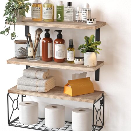 Bathroom Shelves Over Toilet with Storage Basket, Floating Shelves Wall Shelves for Home Organization & Wall Decor, Bathroom/Kitchen/Living Room Shelves–Natural Wood