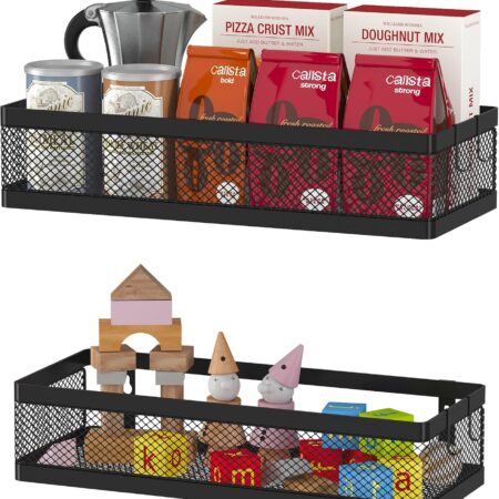 Hanging Storage Baskets Organizer Wall Mount, Metal Wire Storage Bin Rack for Kitchen Bathroom Shower Spice Shelf Home Decor Essentials Black-2 Packs (Netting)