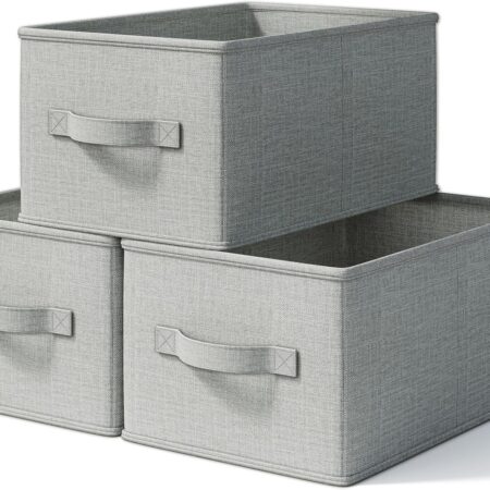 3 Pack Fabric Storage Bins for Shelves | 14.75x10.25x8.25 in Storage Baskets | Fabric Closet Organizers with Handles Home Organization | Linen Clothes Storage Bins | Light Gray